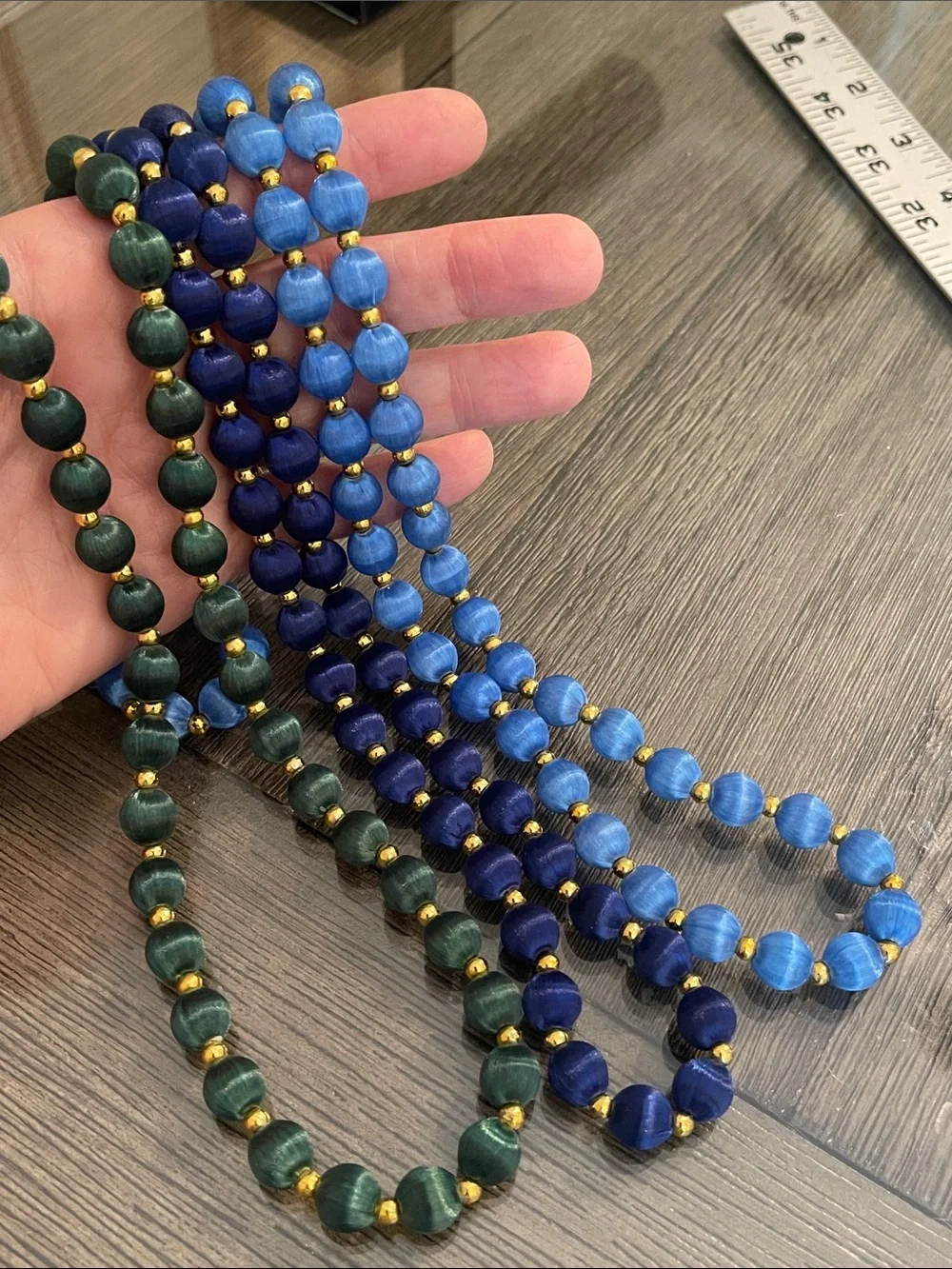 Vintage 3 Necklaces with Spun Silk Satin Beads Gold Tone Spacers 30 In. Approx